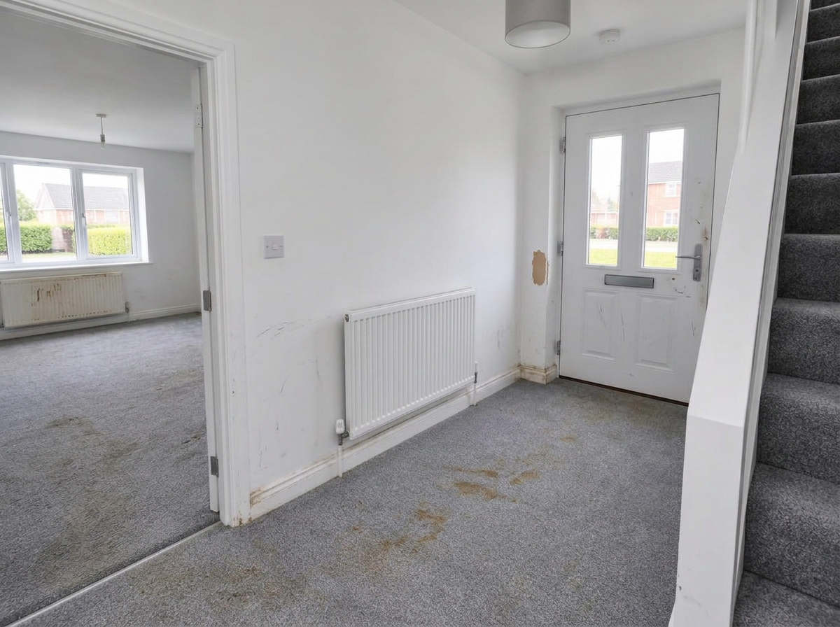 Hallway at check-out, scuffed wall and damaged plaster near the skirting