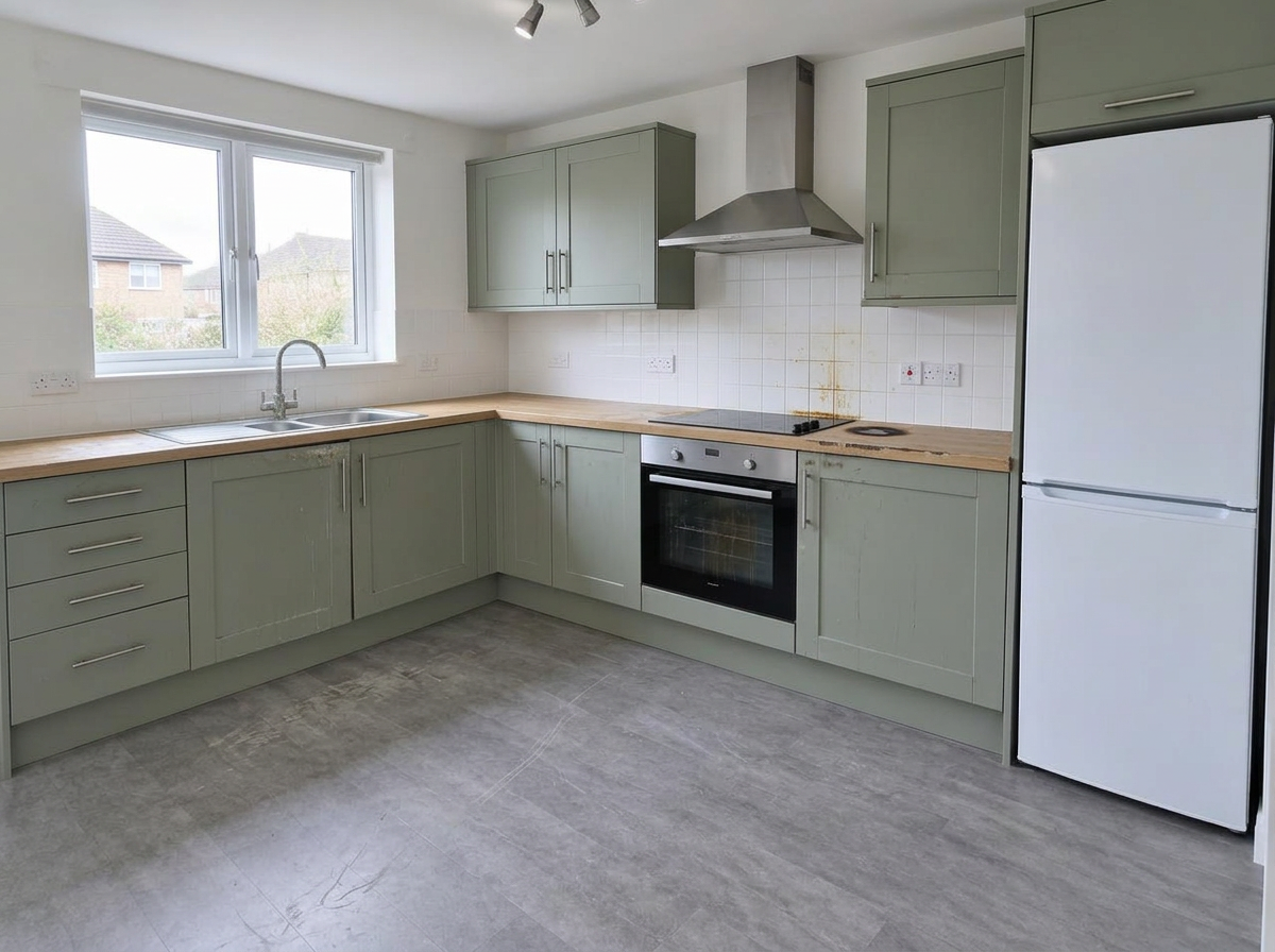 Kitchen at check-out, stained worktop and marked splashback