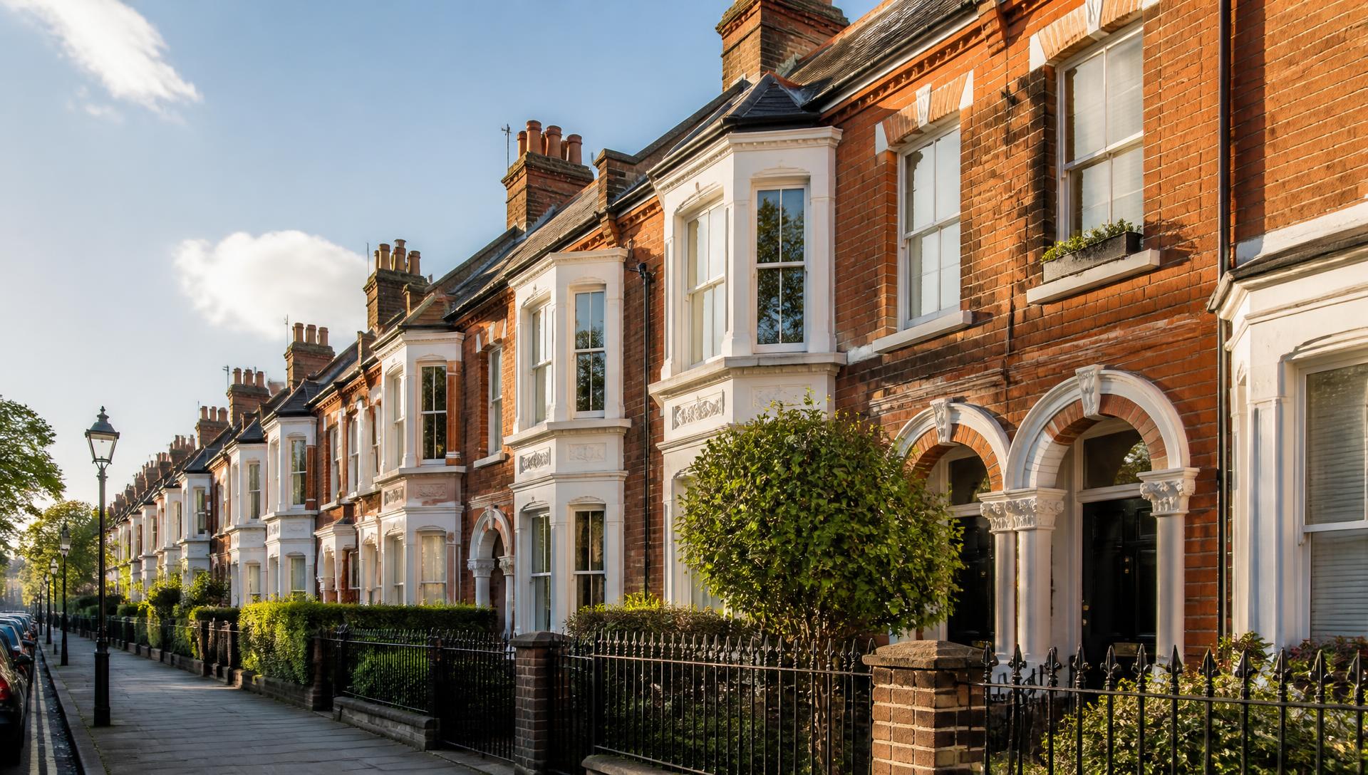 Row of British Victorian terraced houses in golden evening light